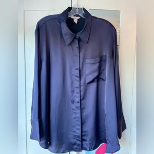 H&M Navy Satin Long Sleeve Oversized Button-Up Blouse Covered Buttons - Size XL